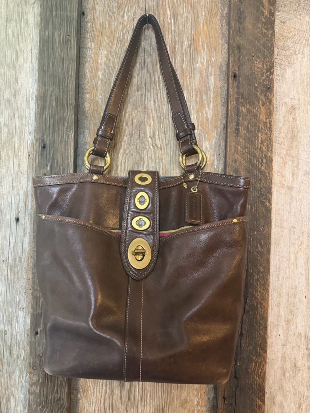 Coach Lily Legacy 13757 Turn Lock Shoulder Bag Handbag Brown Leather Crossbody